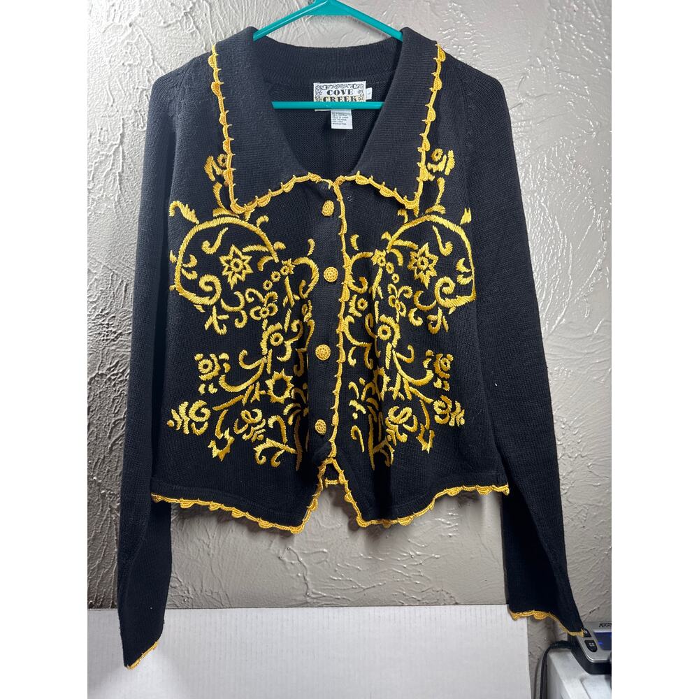 Vintage Cove Creek Sweater Cardigan Black Gold Scroll Embroider Womens‎ Sz Large